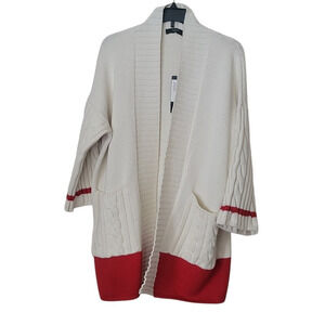 MAXMARA WEEKEND Women's Cable Knit Cardigan Open Front Red Trim Size Large